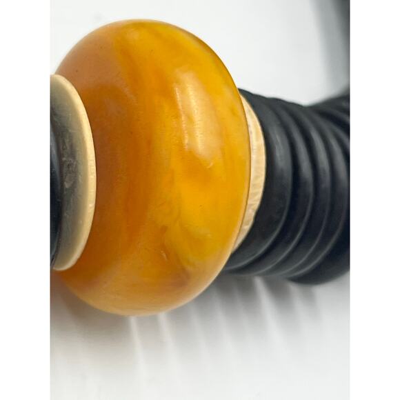 Vintage Black Bakelite Disc Necklace Butterscotch Amber Accent Statement Jewelry - Picture 9 of 13